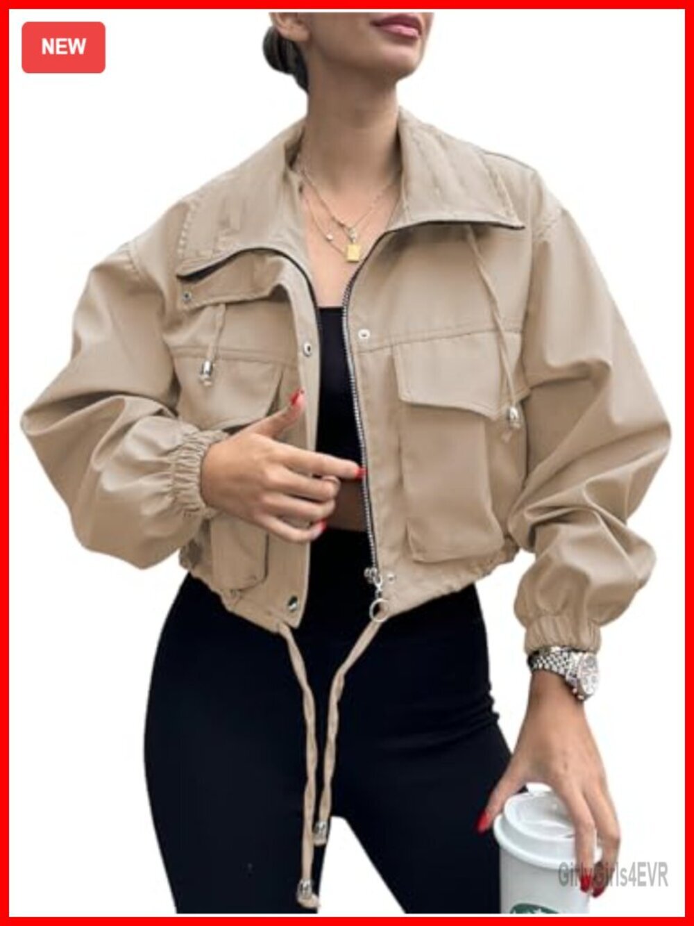 Womens Cropped Zip Up Lightweight Oversized Utility Anorak Jacket with Pockets